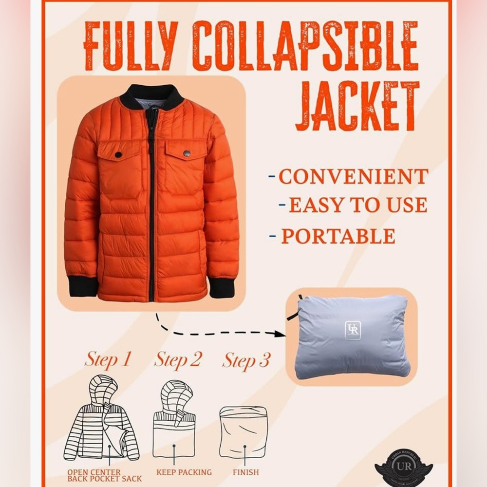 COLLAPSIBLE KIDS ORANGE PUFF COAT SIZE 4T FOLDS INTO A POUCH!